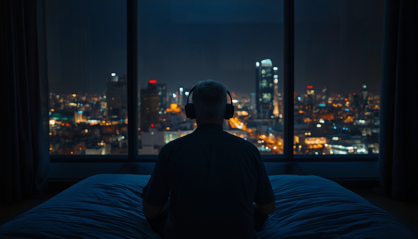 Mann mit Kopfhörern auf dem Bett schaut auf die Bangkok Skyline bei Nacht